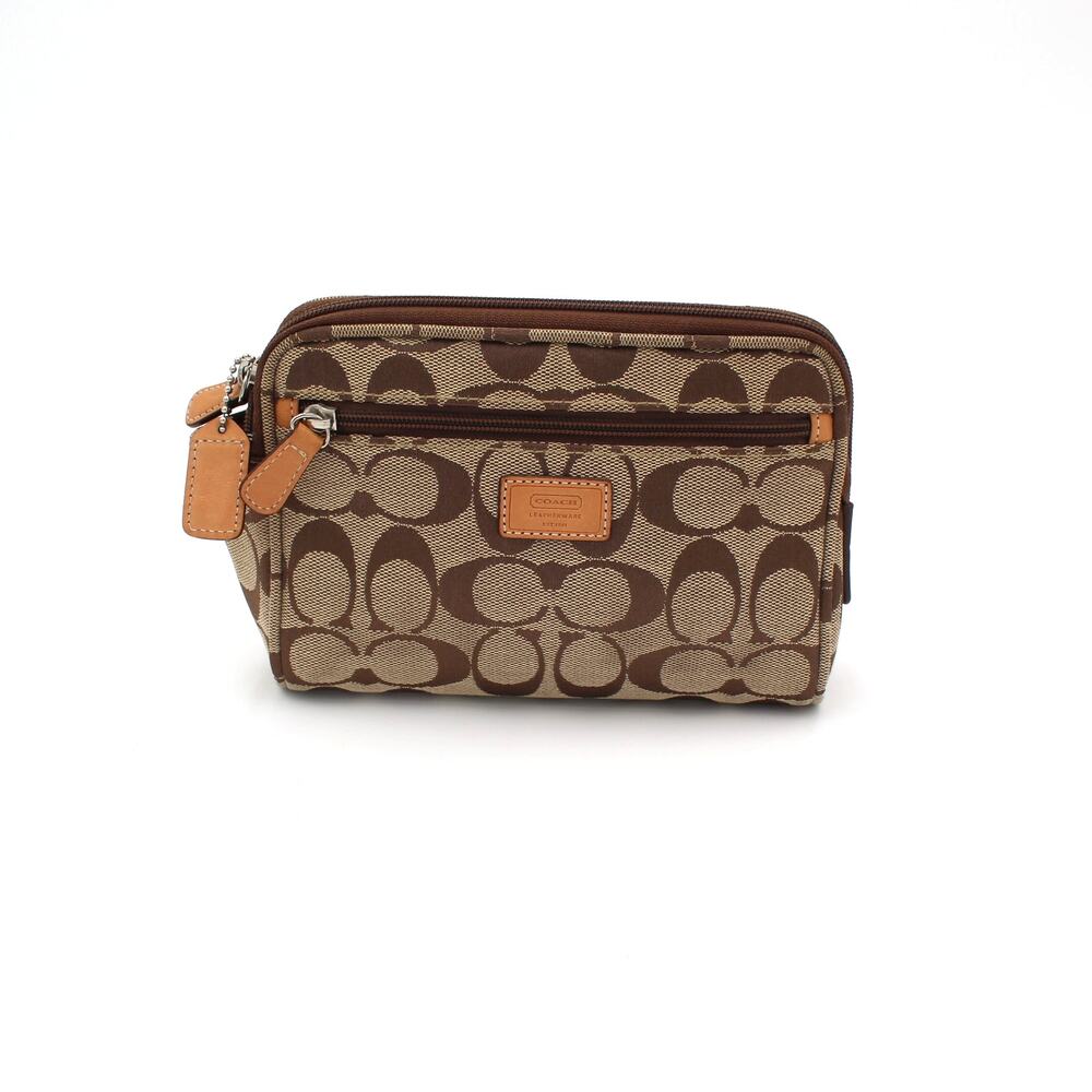 Coach Signature Jacquard Vintage Makeup Cosmetic Bag Brown Travel Pouch Y2K
